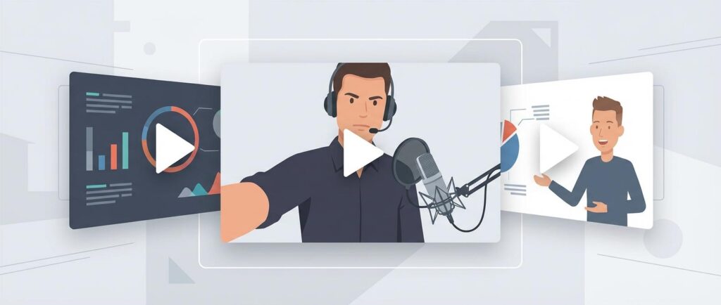 Vier überlappende Video-Player-Fenster. Ein Fenster zeigt einen Mann im Anzug, der in ein Mikrofon spricht. Ein anderes zeigt eine Gruppe von fünf Personen im Freien, die winken. Ein weiteres Fenster präsentiert Diagramme und Grafiken. Das vierte Fenster zeigt Hände, die mit einem Stift auf einem Tablet schreiben. Alle Video-Player haben einen Wiedergabe-Button.