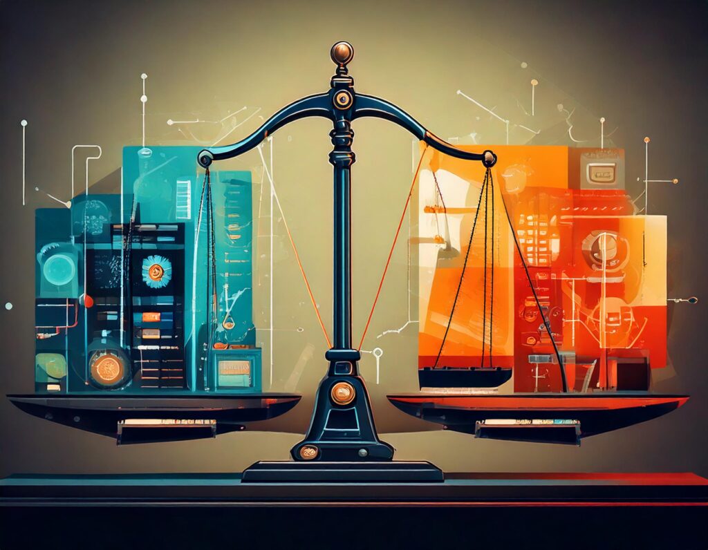 Eine Waage, bei der auf einer Seite ein stilvolles Webdesign (bunte Icons, UI-Elemente) und auf der anderen Seite Performance-Elemente wie ein Diagramm oder Ladebalken liegen.