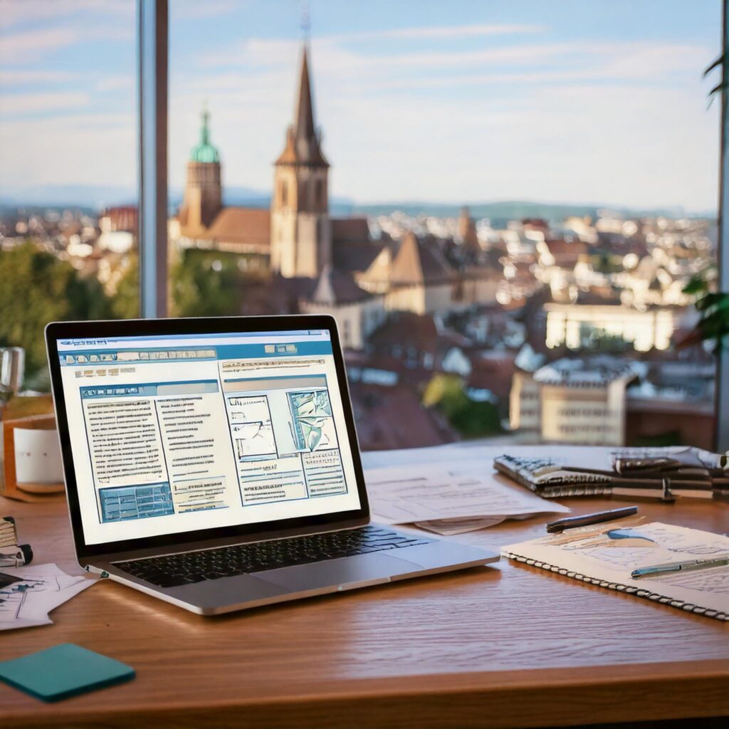Ein moderner Arbeitsplatz mit einem Laptop, der eine Website im Bearbeitungsmodus zeigt. Auf dem Bildschirm sind Elemente wie eine Landingpage, SEO-Daten oder ein Formular sichtbar. Im Hintergrund unscharf ein Wahrzeichen von Basel, wie die Mittlere Brücke oder das Basler Münster. Auf dem Schreibtisch befinden sich zusätzlich Notizblätter, Diagramme und Post-its, die Business-Strategie und Kreativität symbolisieren. Die Farbpalette ist warm und einladend, mit Sand-, Grau- und Blautönen, um Professionalität und Kreativität auszudrücken.