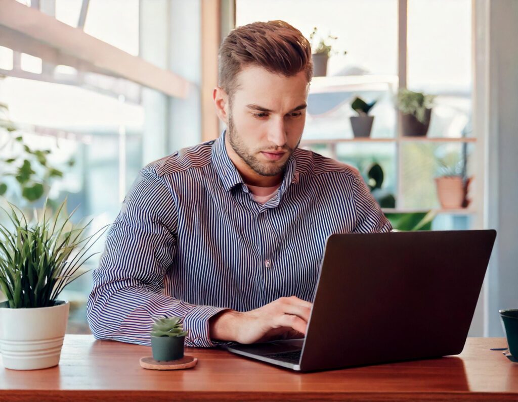 Eine einzelne Person sitzt an einem modernen Schreibtisch und arbeitet konzentriert am Laptop. . Die Umgebung ist minimalistisch und kreativ – z. B. mit einem kleinen Pflanzenarrangement, einer Tasse Kaffee und ein paar Notizen auf dem Tisch. Die Person wirkt entspannt, aber fokussiert, um den Prozess der Website-Erstellung zu symbolisieren.