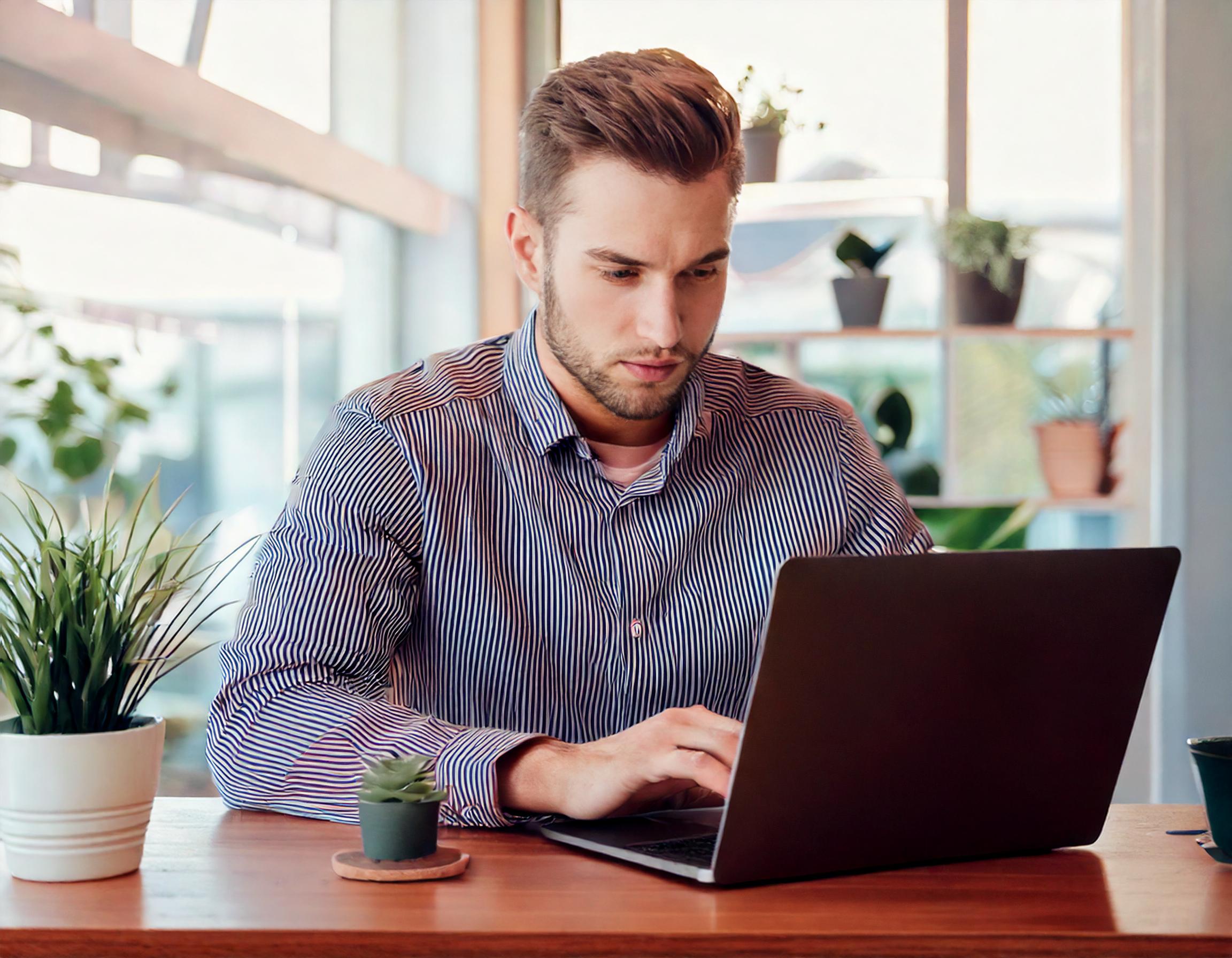 Eine einzelne Person sitzt an einem modernen Schreibtisch und arbeitet konzentriert am Laptop. . Die Umgebung ist minimalistisch und kreativ – z. B. mit einem kleinen Pflanzenarrangement, einer Tasse Kaffee und ein paar Notizen auf dem Tisch. Die Person wirkt entspannt, aber fokussiert, um den Prozess der Website-Erstellung zu symbolisieren.