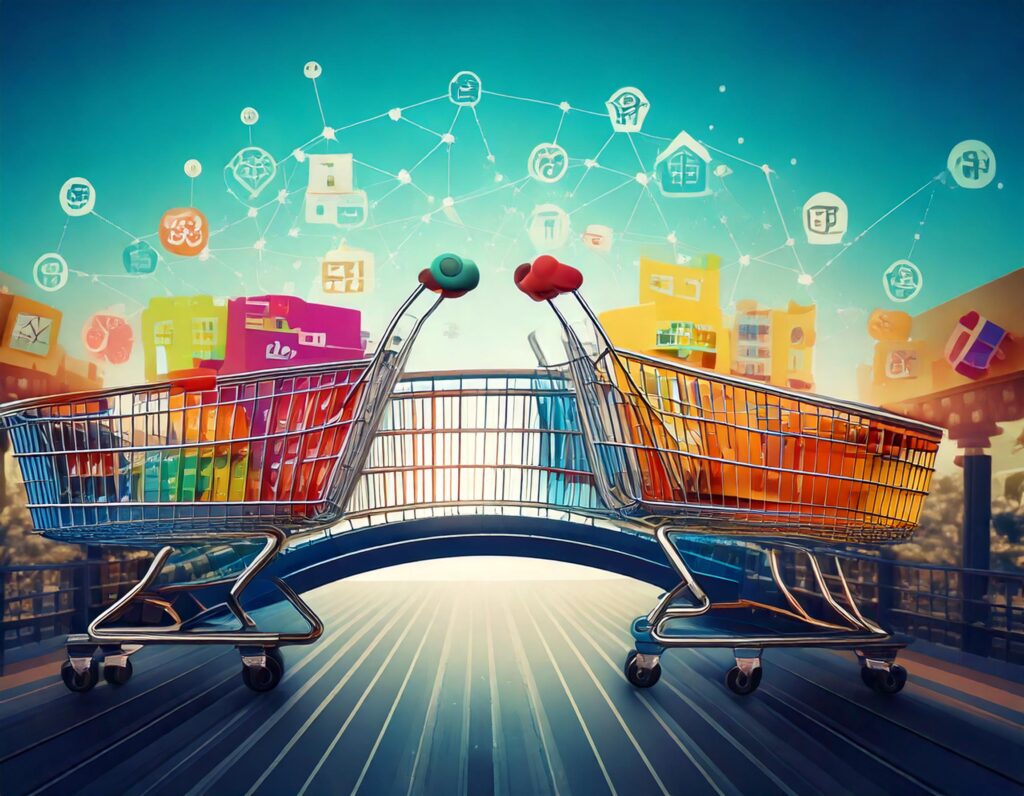 E-Commerce-SEO Illustration. Eine kreative digitale Illustration, die eine stilisierte Brücke zwischen einem Warenkorb-Symbol und einer Marktplatz-Darstellung zeigt, symbolisch für die Verbindung zwischen Online-Shops und Plattformen wie Amazon. Die Brücke enthält Puzzle-Elemente, die den Aufbau einer Strategie darstellen, und das Design ist modern, minimalistisch und professionell. Der Hintergrund ist hell und clean, um den Fokus auf die Symbole und die Verbindung zu legen.