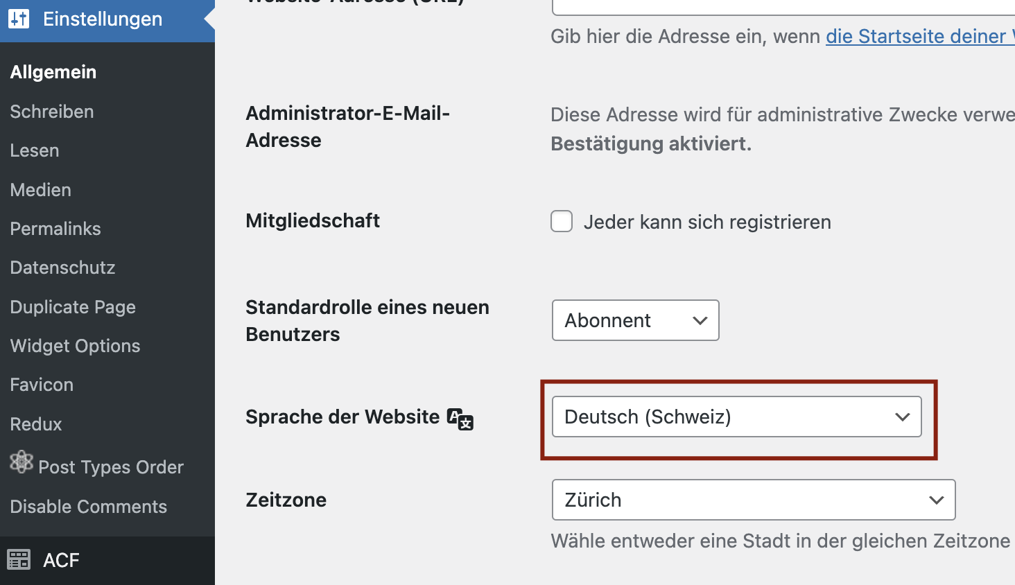 WordPress-Einstellungen mit der Website-Sprache Deutsch (Schweiz)